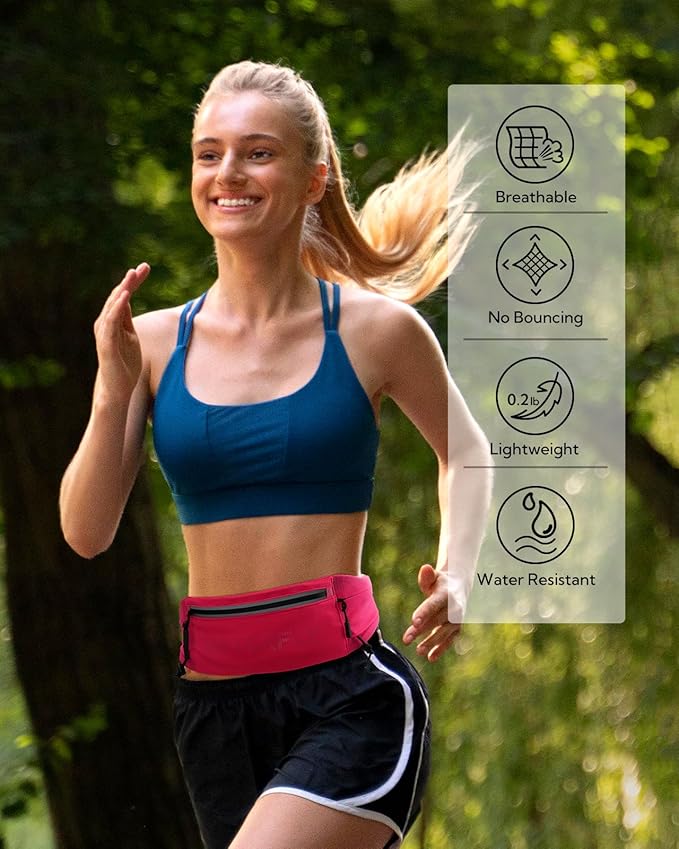 WATERFLY Running Belt Fanny Pack: Breathable 3 Pocket Waist Bag for Men Women Workout Exercise Fitness Phone Holder Fits All Phones - Runner Marathon Jogging Race Belt with Bib Clip Pink