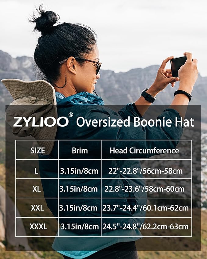 Zylioo XXL Boonie Sun Hats Washed,Oversized Wide Floppy Brim Hiking Hat for Big Heads,Large Cooling Hats with Chin Strap