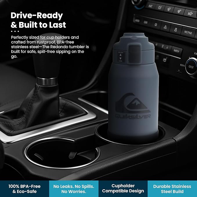 Quiksilver Redondo 26oz Double Wall Stainless Steel Water Bottle, Reusable Sports Bottle with Leak-Proof Lid, Non-Slip Rubber Base, Carrier Handle, insulated Tumblers, 24H Hot & Cold Beverage