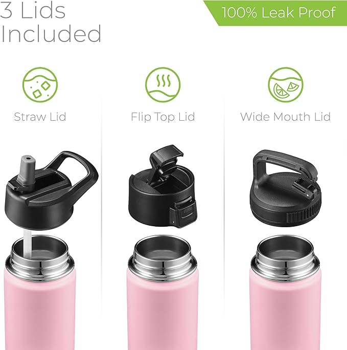 SipX™ 18 oz Insulated Water Bottle with 3 Lids – Leakproof Stainless Steel, Triple Insulated – Cold 24 Hours/Hot 12 Hours – Durable Bottle for School, Gym, Travel – Light Pink