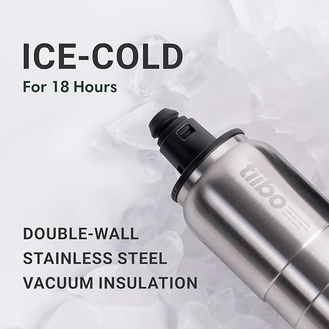tiibo Vacuum Insulated Stainless Steel Bike Water Bottle, Double Wall, No-Squeeze, Fast Flow Sport Nozzle, Designed for Cycling, Biking, Fitness & Sports, Fits Most Bike Cages (Brushed, 23OZ)