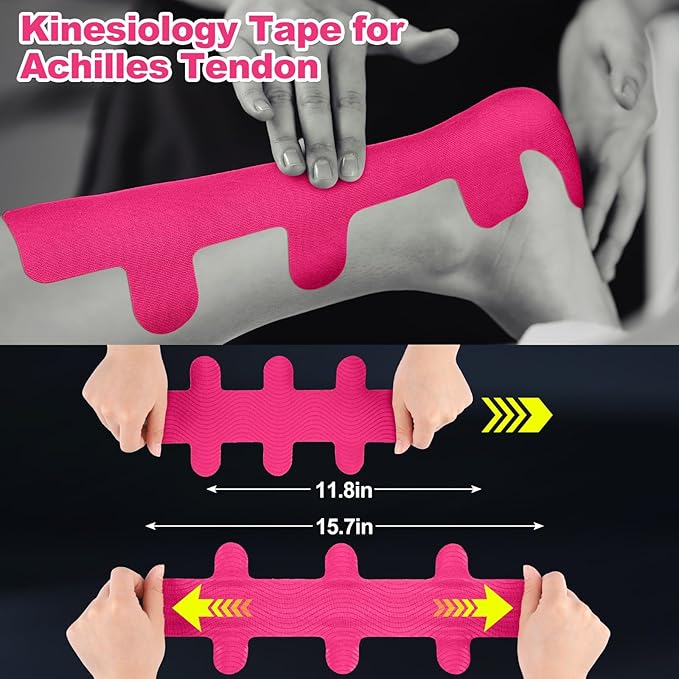 30 Pcs Achilles Tendonitis Kinesiology Tape Precut Achilles Tendon Ankle Tape Latex Free for Sprained Ankle Relief Muscle Support Foot Pain Athletic Sport (Hot Pink)