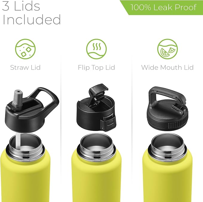 SIPX™ 40 oz Insulated Water Bottle with 3 Lids – Leakproof Stainless Steel, Triple Insulated – Cold 24 Hours/Hot 12 Hours – Durable Bottle for School, Gym, Travel – Yellow