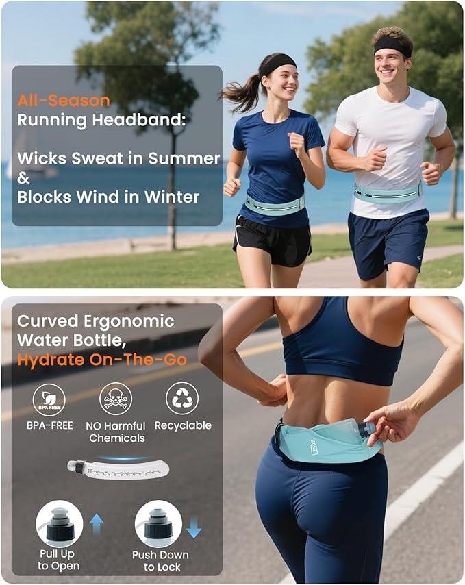 Running Belt for Women and Men, Adjustable Fanny Packs No Bounce Phone Holder for Running with Water Bottle & Headband, Waterproof Reflective Waist Packs for Runner Fits All Phones (M-Blue)