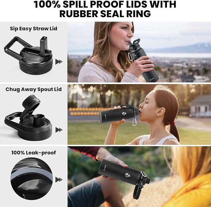 Insulated Water Bottle 40 oz, Triple Wall Vacuum Stainless Steel (Cold for 48 Hrs), Leak Proof & Non-BPA, Modern Water Flask Jug with Paracord Handle & Straw Spout Lids, Magic Black