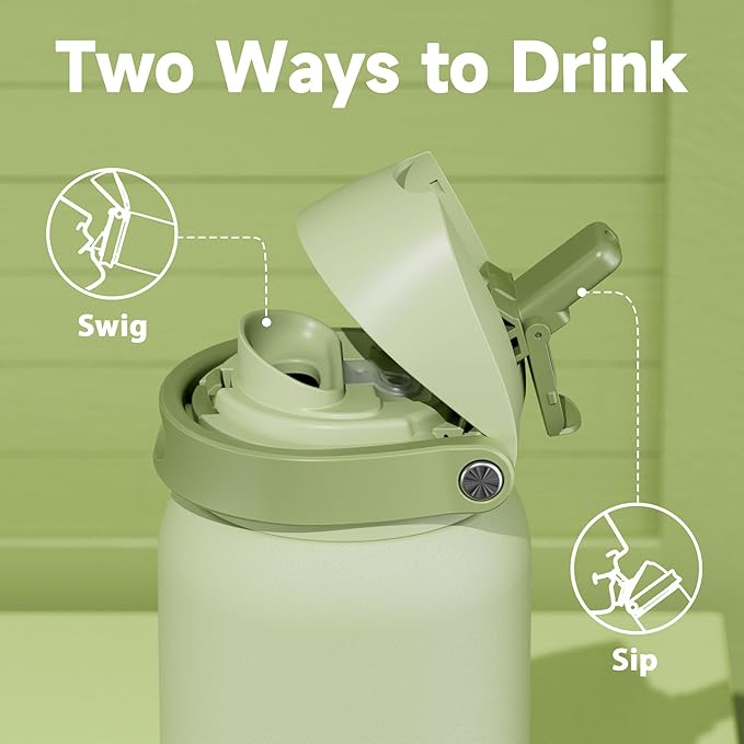 40 oz Insulated Water Bottle with Straw: Meoky Stainless Steel Metal Water Bottle with 2-in-1 Lid - Leak Proof, Cold for 24 Hours, Protective Silicone Base, BPA-Free for Sports Gym, Sage