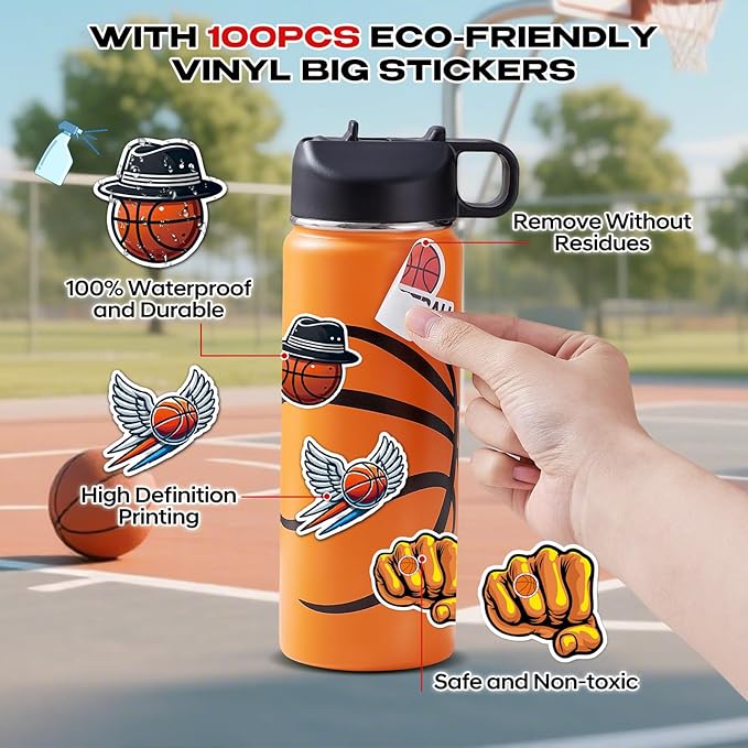 Basketball Water Bottles for Boys 18 oz and 100 PCS Basketball Stickers Sports Insulated Stainless Steel Water Bottle Basketballs Accessories Stuff Gear Gifts For 8-12 12-14 Player
