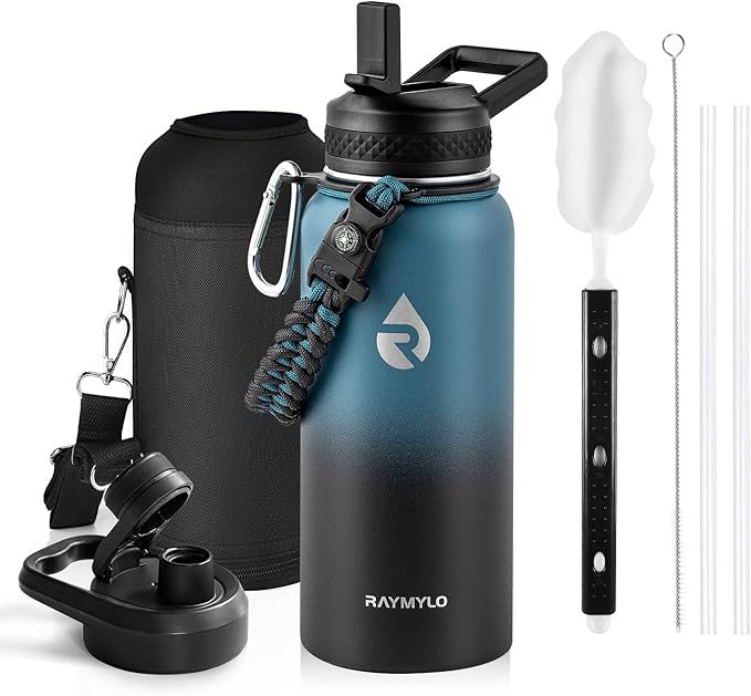 Insulated Water Bottle 32 oz, Triple Wall Vacuum Stainless Steel (Cold for 48 Hrs, Hot for 24Hrs), Leak Proof & Non-BPA, 32oz Hydro Water Flask with Paracord Handle & Straw Spout Lids