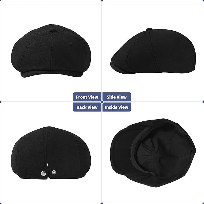 Men's Wool Blend Newsboy Cap Adjustable Gatsby Ivy Newsies Cabbie Hat Classic 8 Panel Tweed Flat Winter Hat