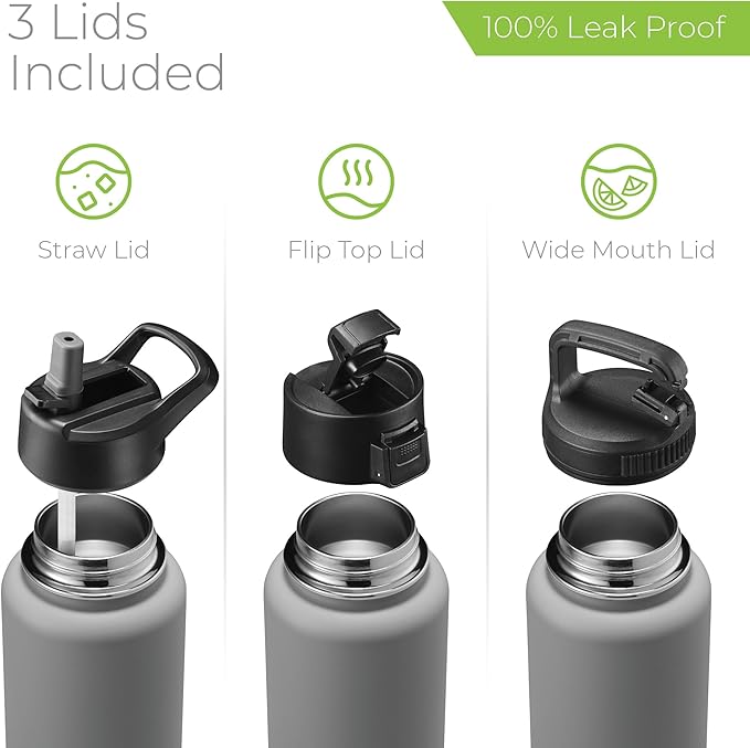 SIPX™ 40 oz Insulated Water Bottle with 3 Lids – Leakproof Stainless Steel, Triple Insulated – Cold 24 Hours/Hot 12 Hours – Durable Bottle for School, Gym, Travel – Grey