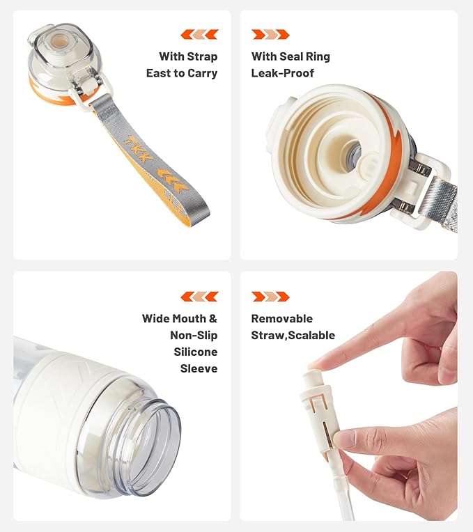 TKK Sports Water Bottles with Removable Straw 29 oz Leak-proof Flip Top Lid BPA Free Tritan Bottles with Strap for School, Fitness, Gym, Outdoor, White