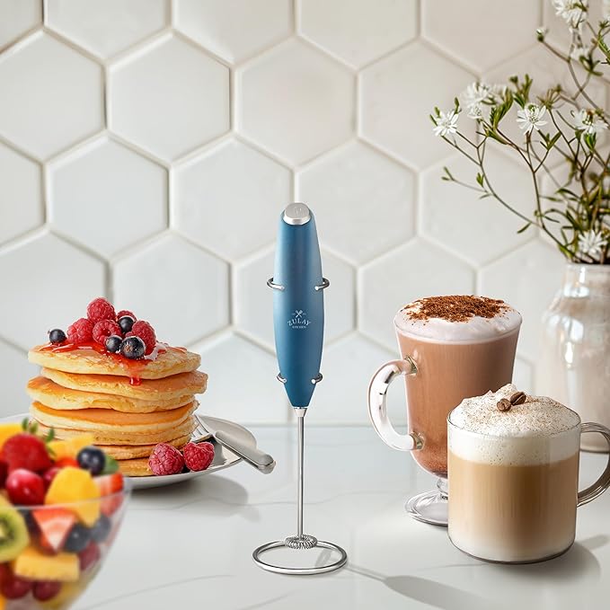 Zulay Kitchen Powerful Milk Frother Wand - Ultra Fast Handheld Drink Mixer - Electric Whisk Foam Maker for Coffee, Lattes, Cappuccino, Frappe, Matcha & Coffee Creamer - Milk Boss Metallic Ice Blue