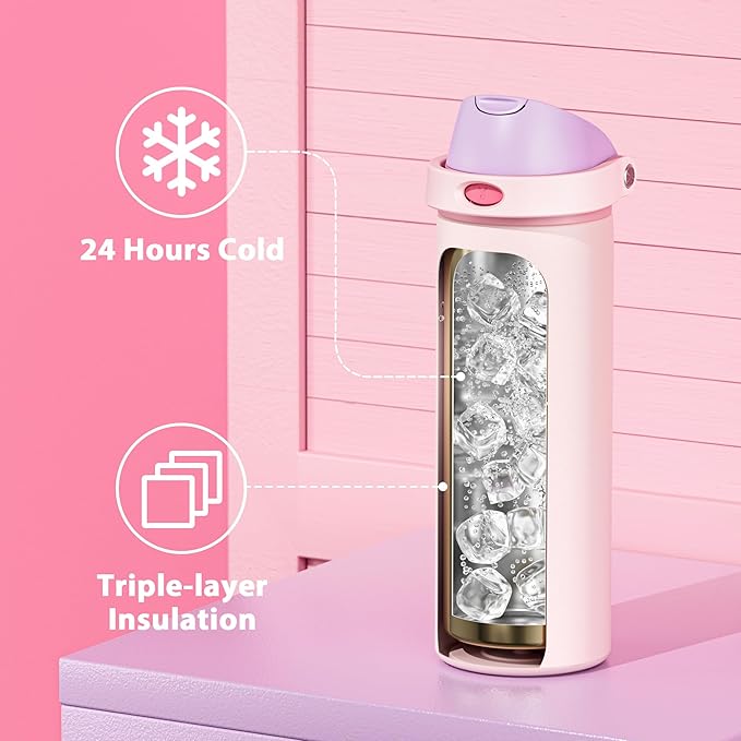 24 oz Insulated Water Bottle for Sports: Meoky Stainless Steel Water Bottle with 2-in-1 Straw and Spout Lid - Leak Proof, Cold for 24 Hours, Fits in Car Cup Holder, BPA-Free for Women Travel, Candy