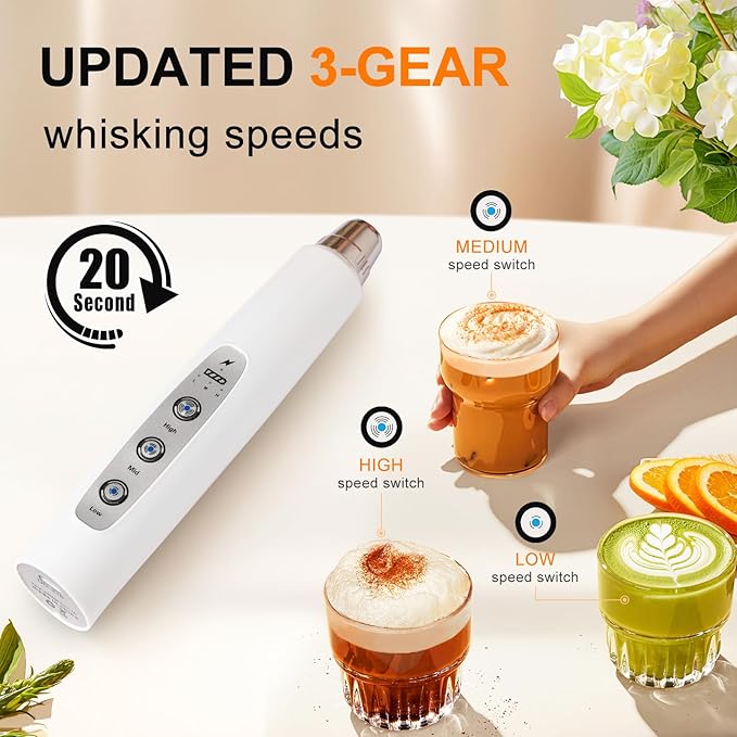 YUSWKO White Handheld Milk Frother Wand for Coffee, Rechargeable Electric Whisk with 3 Heads 3 Speeds Drink Mixer Coffee Frother For Latte, Cappuccino, Hot Chocolate, Egg