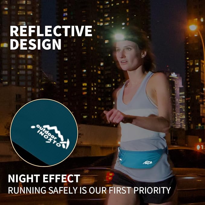 INOXTO Slim Running Belt Fanny Pack for Women and Men Sports Waist Bag Pack with 300ml Water Bottle for Running Walking Cycling Hiking Reflective Running Pouch Belt for All Phones (Black) (Blue)