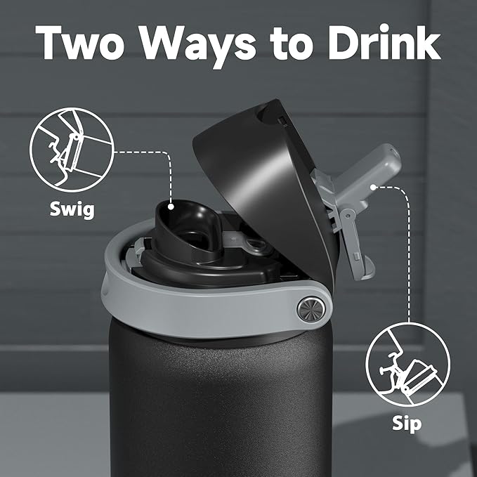 32 oz Insulated Water Bottle for Sports: Meoky Stainless Steel Water Bottle with 2-in-1 Straw and Spout Lid - Leak Proof, Cold for 24 Hours, Protective Silicone Base, BPA-Free for Gym, Night