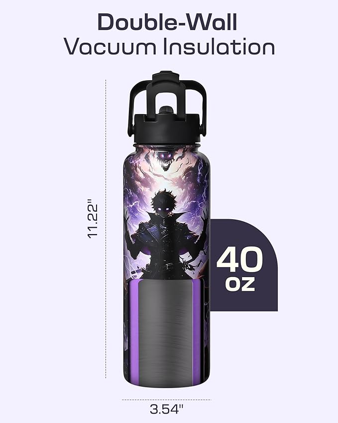 Insulated Water Bottle 40 oz –Hot and Cold Coffee Travel Drinks, Leakproof Sports Gaming & Gym Bottles, Large and Small Reusable Stainless Steel Flask with Straw – Dark Realm Awakening