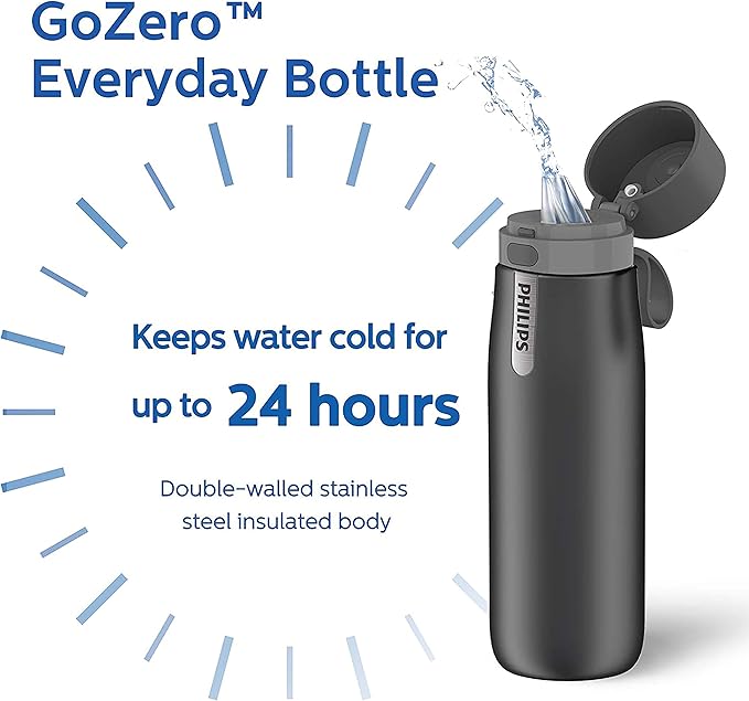 PHILIPS Water Bottle with Filter, Filter Water Bottle Stainless Steel with GoZero Everyday BPA-Free Tap Water Filter, Water Filter Bottle Keep Drink Cold 24 Hours, 1 Filter for 40 gal / 2 Months
