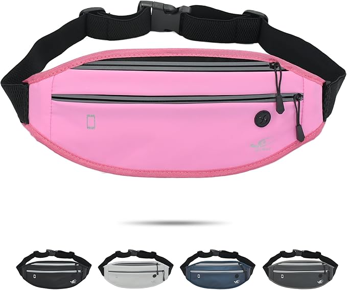 HiRui Slim Fanny Pack for Men Women, Adjustable Exercise Waist Pack Reflective Running Belt for Sports Workout Cycling Hiking, Casual Hands-Free Wallets Phone Bag Fits All Phones (Pink)