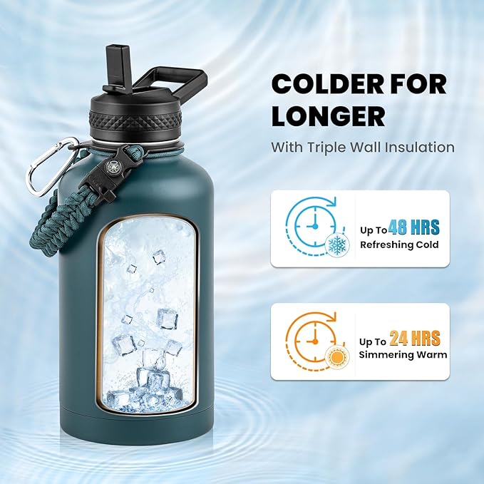 Insulated Water Bottle 64 oz, Triple Wall Vacuum Stainless Steel (Cold for 48 Hrs), Leak Proof & Non-BPA, Half Gallon Water Flask Jug with Paracord Handle & Straw Spout Lids, Dark Green
