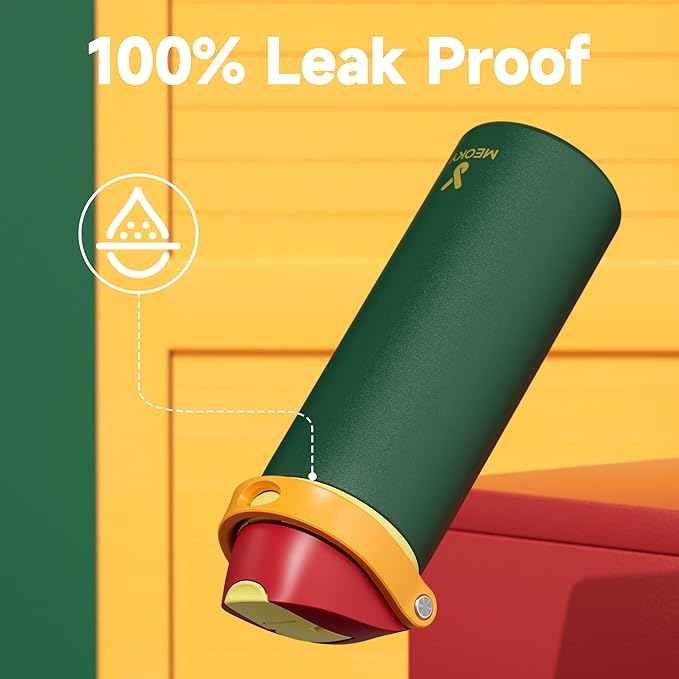 24 oz Insulated Water Bottle with Straw: Meoky Stainless Steel Metal Water Bottle with 2-in-1 Lid - Leak Proof, Cold for 24 Hours, Protective Silicone Base, BPA-Free for Sports Travel Car, Evergreen