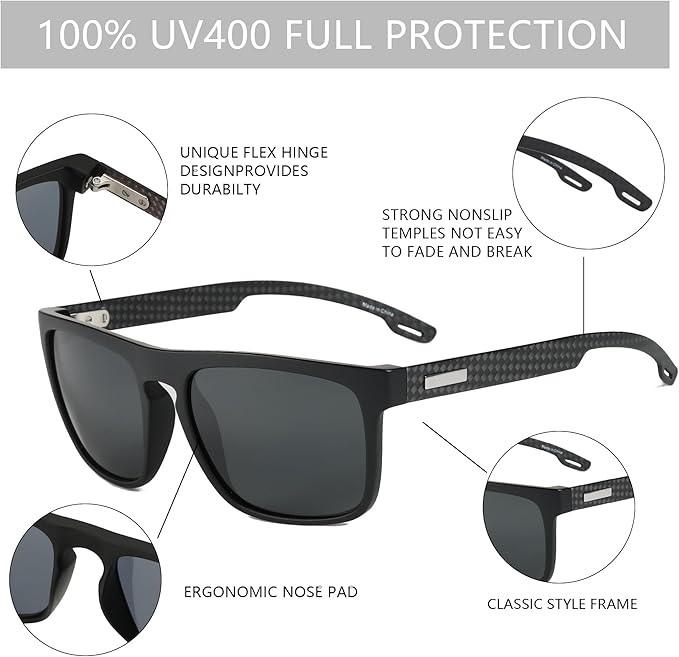 ZENOTTIC Polarized Sunglasses Men Square: Unbreakable TR90 Frame Carbon Fiber Temple UV400 Protection Sun Glasses for Driving