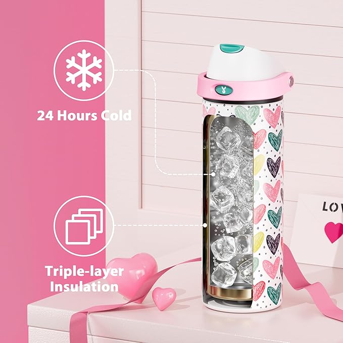24 oz Valentine's Day Water Bottle: Meoky Stainless Steel Water Bottle with Straw and Spout Lid - Leak Proof, Cold for 24 Hours, Fits in Car Cup Holder, Valentines Day Gifts for Him Men Husband, Heart