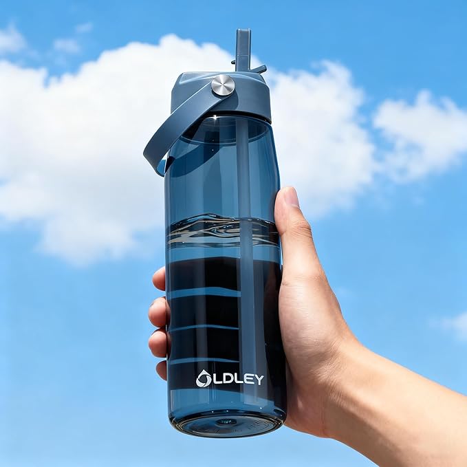 OLDLEY 32 oz Water Bottle with Straw, Leakproof Sports Water Bottle with Carry Strap, BPA-Free Large Water Bottles for Home,Travel, School, Outdoors, Gym, Tritan, Ink Blue