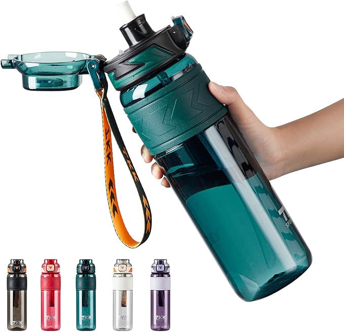 TKK Sports Water Bottles with Removable Straw 34 oz Leak-proof Flip Top Lid BPA Free Tritan Bottles with Strap for School, Fitness, Gym, Outdoor, Green