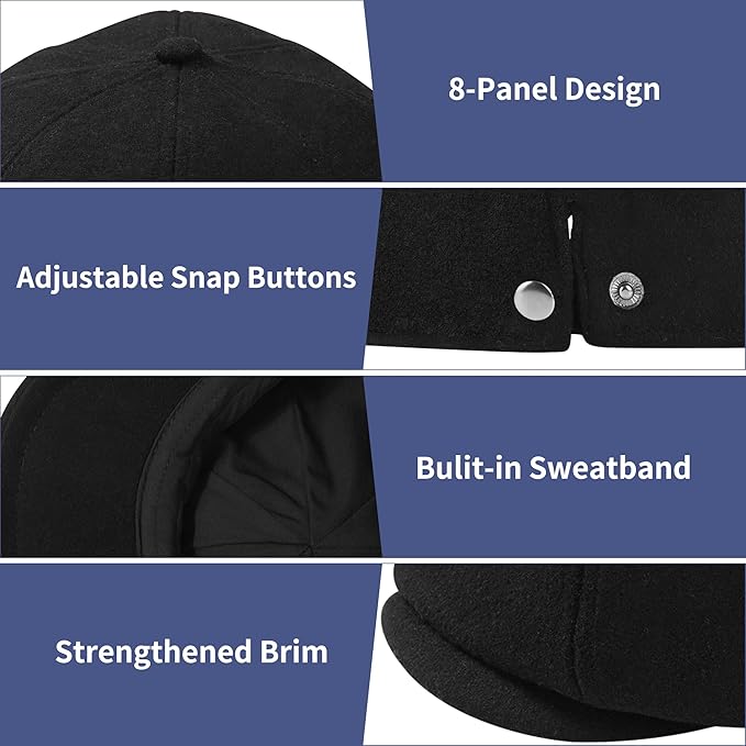 Men's Wool Blend Newsboy Cap Adjustable Gatsby Ivy Newsies Cabbie Hat Classic 8 Panel Tweed Flat Winter Hat