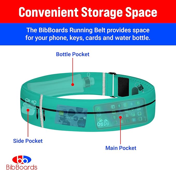 BibBoards Running Belt, Turquoise | No-Bounce, Water & Sweat-Resistant Fanny Pack for Phone, Keys, Cards | Adjustable Waist 38”-48” | Lightweight for Running, Cycling, Hiking, Marathons and Races