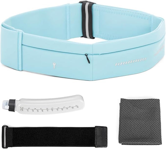 Lsnisni Slim Running Belt for Men and Women, Running Waist Pack with Water Bottle & Towel, Multi Pocket Fanny Pack - Phone Holder, Adjustable for Running, Climbing - Medium - Cyan