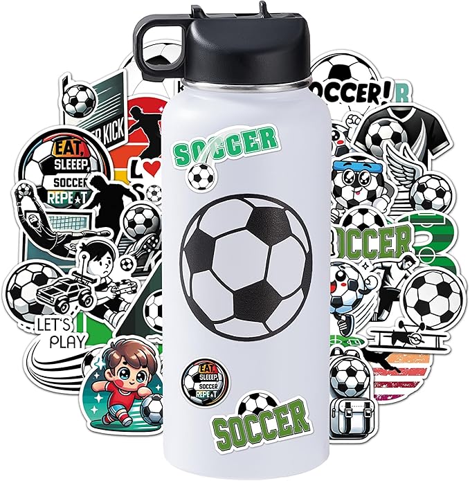 Soccer Water Bottles for Boys 32 oz and 100 PCS Soccer Stickers Sports Insulated Stainless Steel Water Bottle Accessories Stuff Gear Gifts For 8-12 12-14 Player
