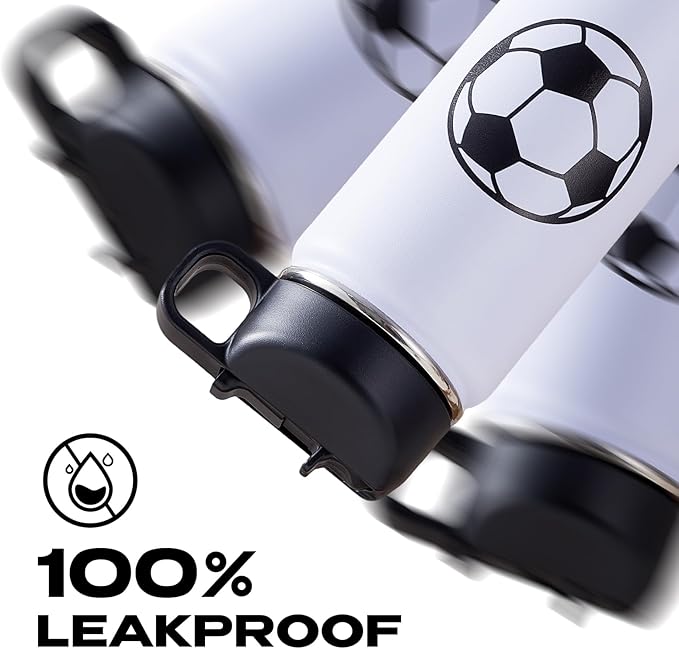 Soccer Water Bottles for Boys 18 oz and 100 PCS Soccer Stickers Sports Insulated Stainless Steel Water Bottle Accessories Stuff Gear Gifts For 8-12 12-14 Player