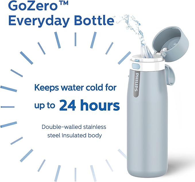 PHILIPS Water Bottle with Filter, Filter Water Bottle Stainless Steel with GoZero Everyday BPA-Free Tap Water Filter, Water Filter Bottle Keep Drink Cold 24 Hours, 1 Filter for 40 gal / 2 Months
