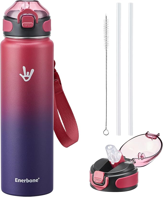 Enerbone 32 oz Insulated Water Bottle, Stainless Steel Bottle with Carrying Strap, Double-Wall Vacuum Insulation Design, Leakproof Sports Bottle with Straw, Keep Drinks Cold or Hot for Hours