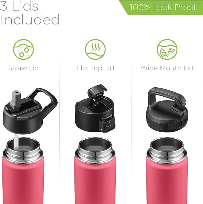 SipX™ 18 oz Insulated Water Bottle with 3 Lids – Leakproof Stainless Steel, Triple Insulated – Cold 24 Hours/Hot 12 Hours – Durable Bottle for School, Gym, Travel – Red