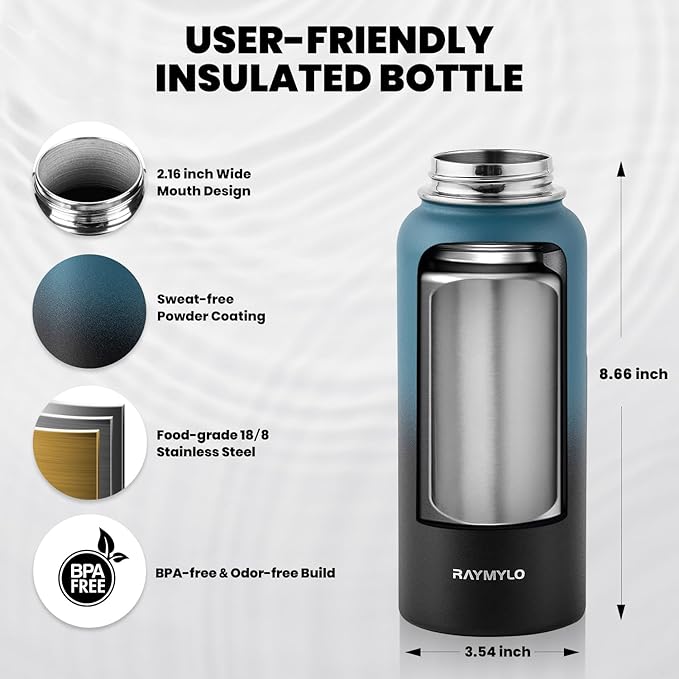 Insulated Water Bottle 32 oz, Triple Wall Vacuum Stainless Steel (Cold for 48 Hrs, Hot for 24Hrs), Leak Proof & Non-BPA, 32oz Hydro Water Flask with Paracord Handle & Straw Spout Lids