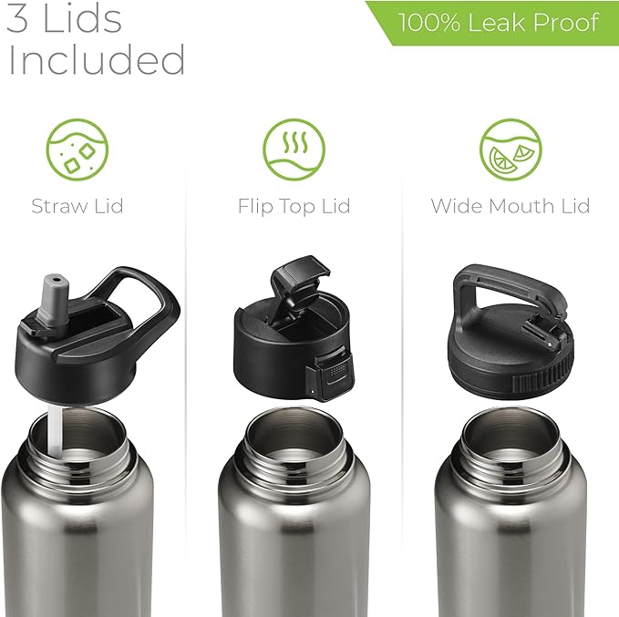 SIPX™ 40 oz Insulated Water Bottle with 3 Lids – Leakproof Stainless Steel, Triple Insulated – Cold 24 Hours/Hot 12 Hours – Durable Bottle for School, Gym, Travel – Stainless