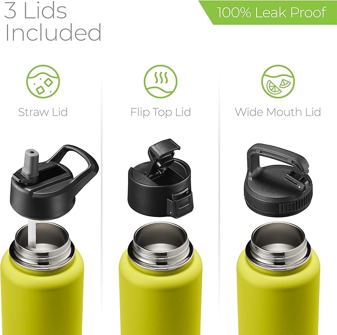 SIPX™ 32 oz Insulated Water Bottle with 3 Lids – Leakproof Stainless Steel, Triple Insulated – Cold 24 Hours/Hot 12 Hours – Durable Bottle for School, Gym, Travel – Yellow