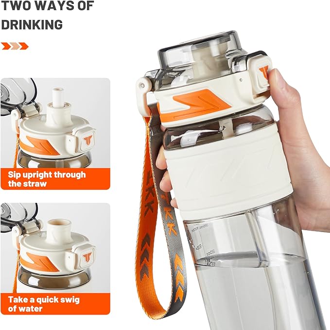 TKK Sports Water Bottles with Removable Straw 34 oz Leak-proof Flip Top Lid BPA Free Tritan Bottles with Strap for School, Fitness, Gym, Outdoor, White
