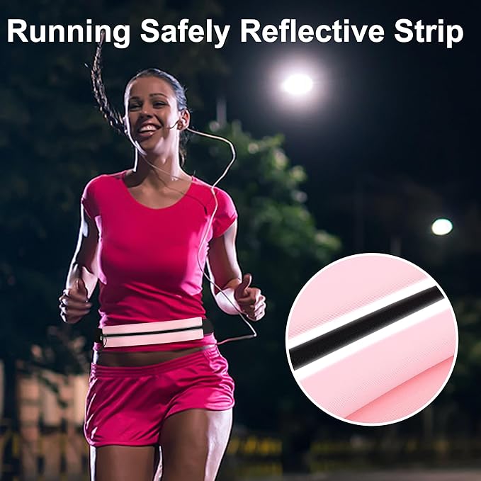 Slim Running Belt For Men and Women Waist Fanny Pack Phone Holder Pouch Bag Reflective Zipper Pocket Workout Cycling Fitness Light Pink