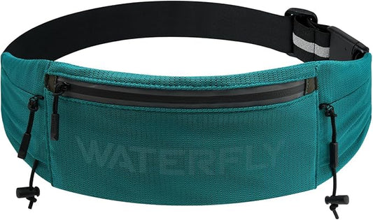 WATERFLY Running Belt Fanny Pack: Breathable 3 Pocket Waist Bag for Men Women Workout Exercise Fitness Phone Holder Fits All Phones - Runner Marathon Jogging Race Belt with Bib Clip Green
