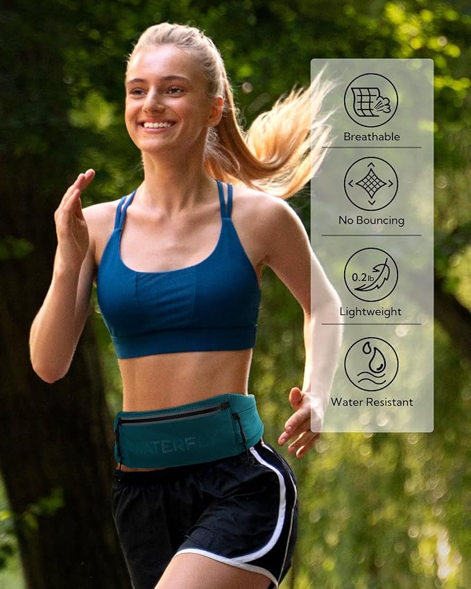 WATERFLY Running Belt Fanny Pack: Breathable 3 Pocket Waist Bag for Men Women Workout Exercise Fitness Phone Holder Fits All Phones - Runner Marathon Jogging Race Belt with Bib Clip Green