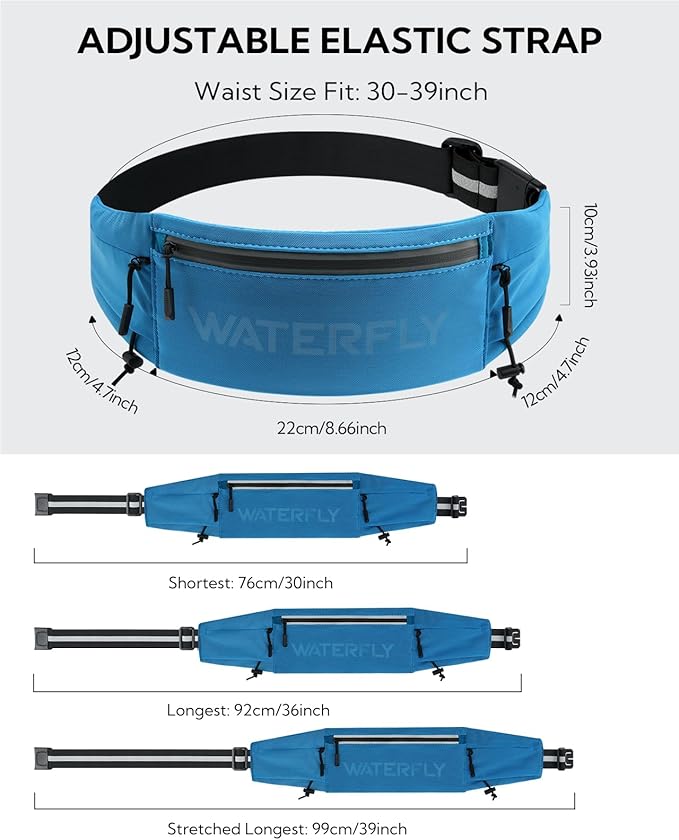 WATERFLY Running Belt Fanny Pack: Breathable 3 Pocket Waist Bag for Men Women Workout Exercise Fitness Phone Holder Fits All Phones - Runner Marathon Jogging Race Belt with Bib Clip Blue