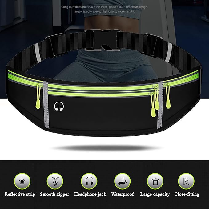 Waist pack sport running Belt Pack with adjustable Strap for running hiking travel outdoors sport (Black, 4 Pockets)