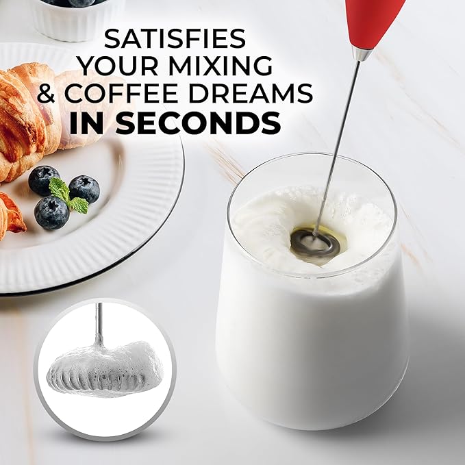 Zulay Kitchen Powerful Milk Frother Wand - Ultra Fast Handheld Drink Mixer - Electric Whisk Foam Maker for Coffee, Lattes, Cappuccino, Frappe, Matcha & Coffee Creamer - Milk Boss Cardinal Red