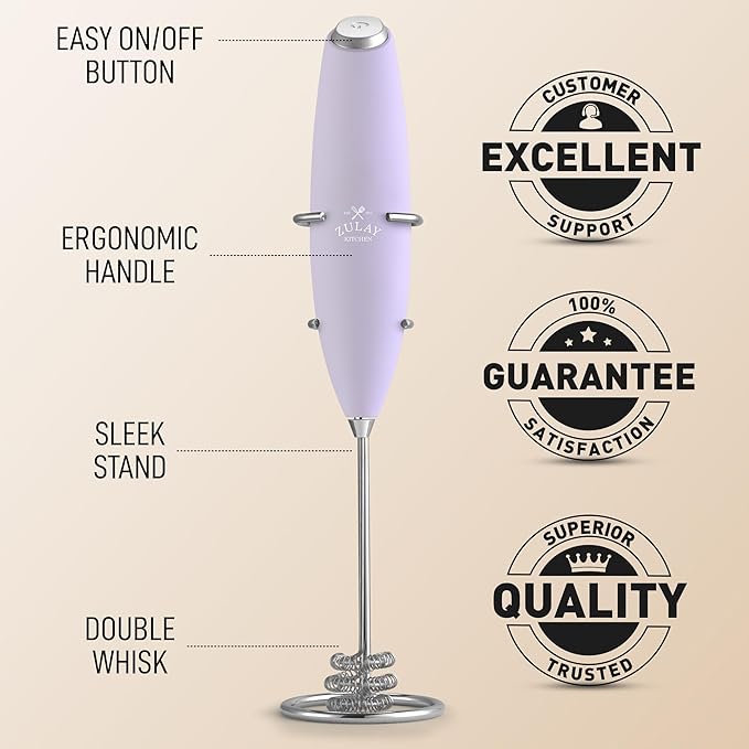 Zulay Kitchen Tornado Whisk Milk Frother with 4 AA Duracell Batteries - Triple Whisk for More Power - Handheld Coffee Frother with Stand - Drink Mixer for Lattes, Matcha & Protein Shakes