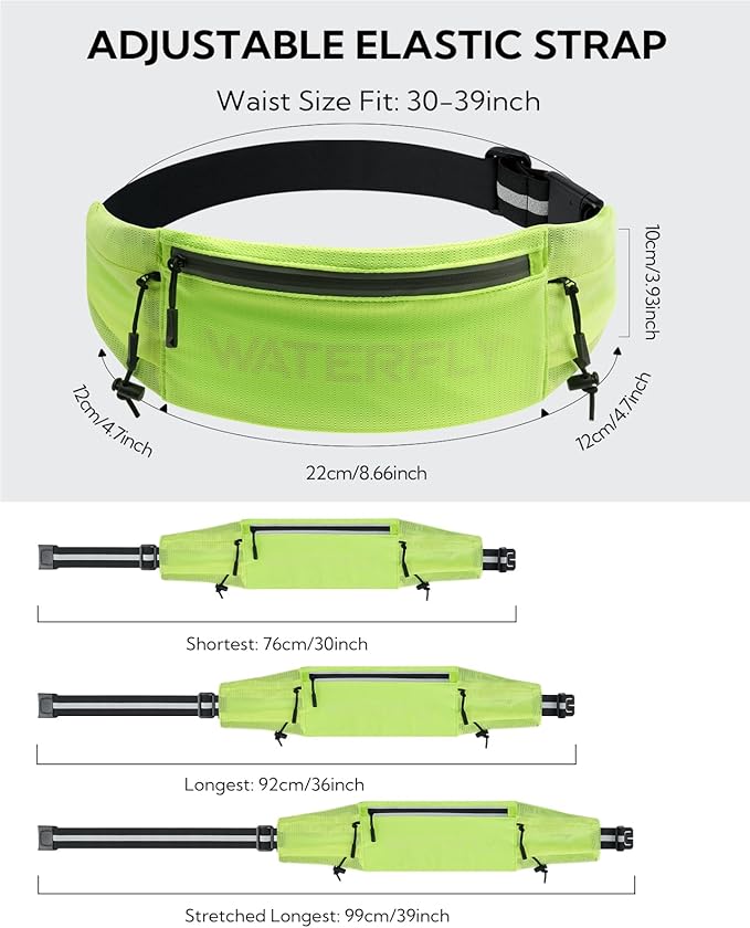 WATERFLY Running Belt Fanny Pack: Breathable 3 Pocket Waist Bag for Men Women Workout Exercise Fitness Phone Holder Fits All Phones - Runner Marathon Jogging Race Belt with Bib Clip Yellow