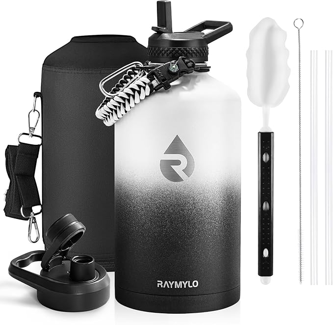 One Gallon Water Bottle Insulated, Triple Walled Vacuum Stainless Steel (Cold for 48 Hrs), Leak Proof & Non-BPA, Large Water Flask Jug with Paracord Handle & Straw Spout Lids